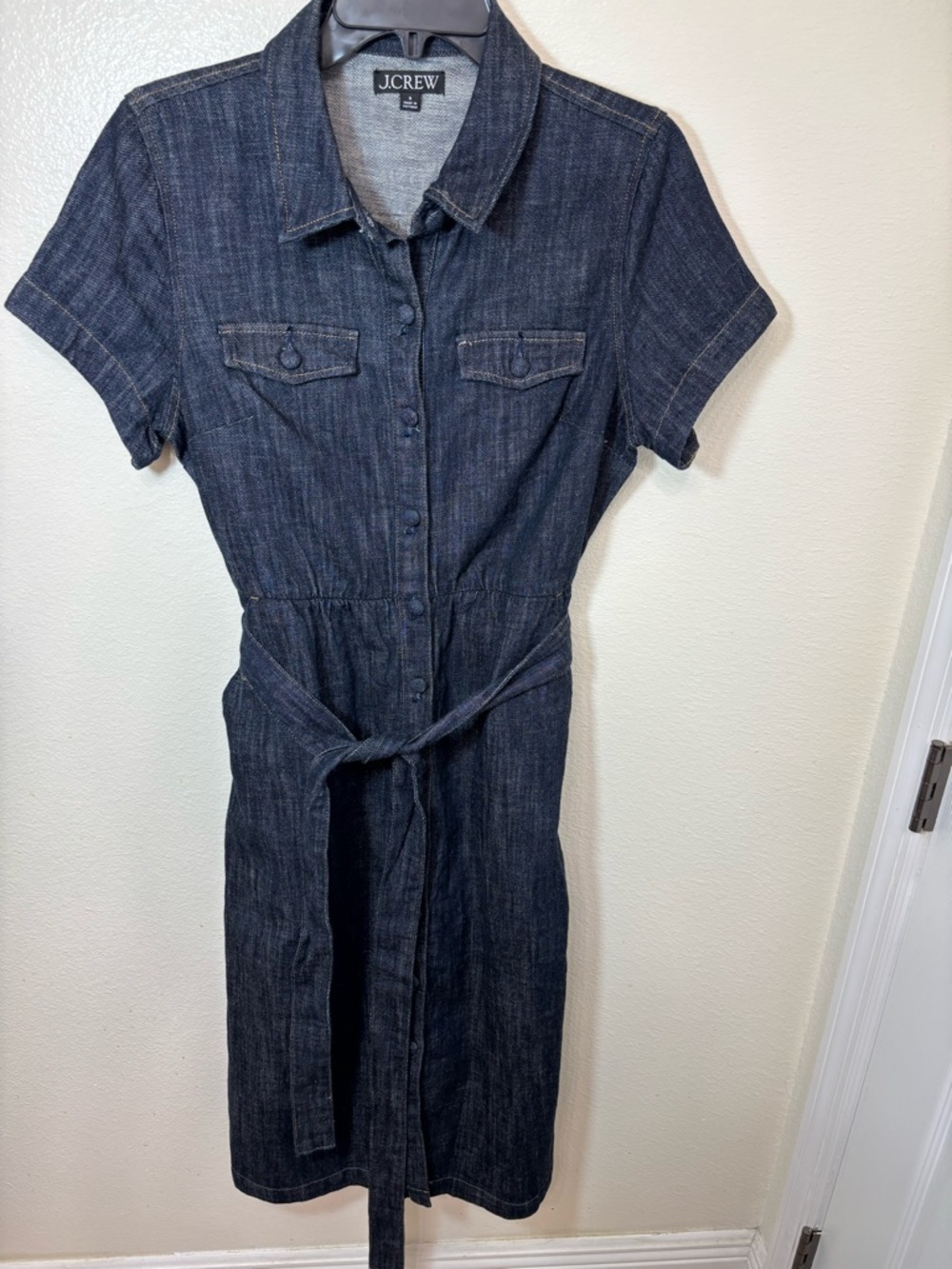 J. Crew Dark Indigo Denim Button-Front Midi Dress with Tie Waist business casual - Picture 2 of 6
